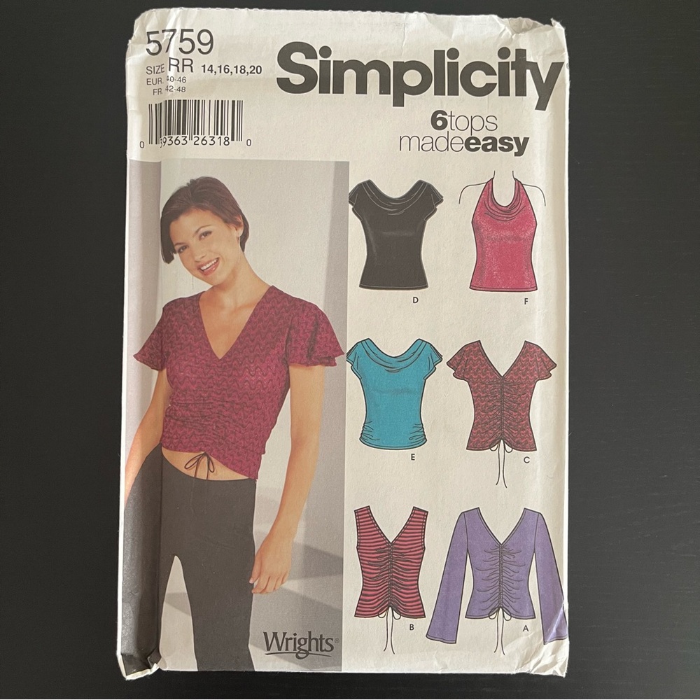 Simplicity Sewing Pattern Size 14 16 18 20 RR 6 Tops Made Easy 5759 Vintage 2002